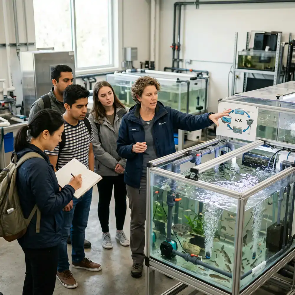 Educator explaining aquaculture mechanics to a group by a tank
