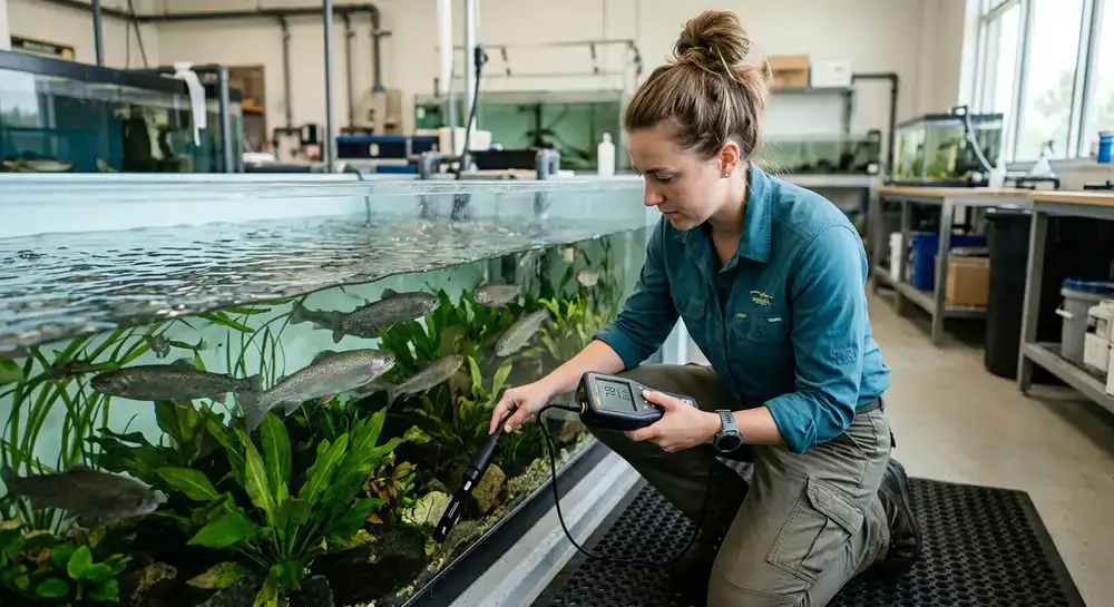 Technician testing dissolved oxygen levels in a fish habitat