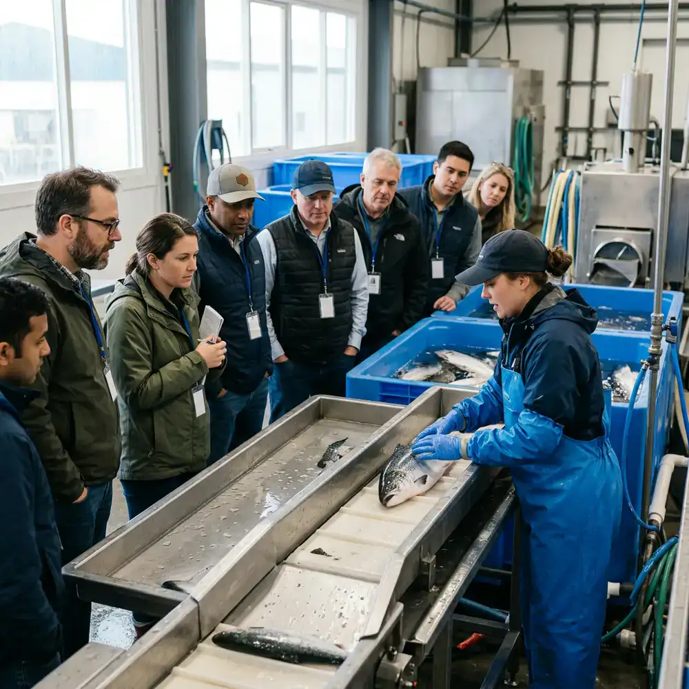 Participants observing a fish grading demonstration