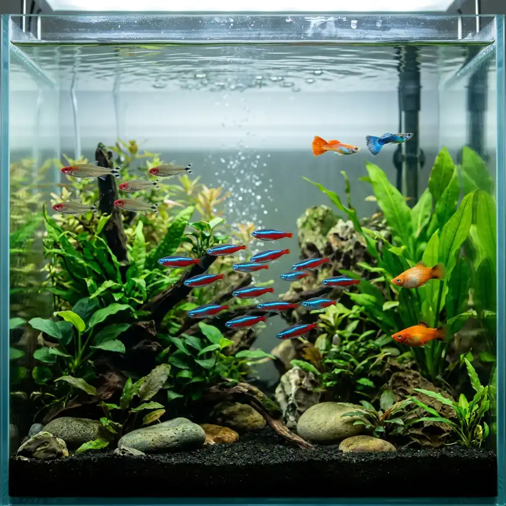 Healthy fish swimming in clear, filtered tank water