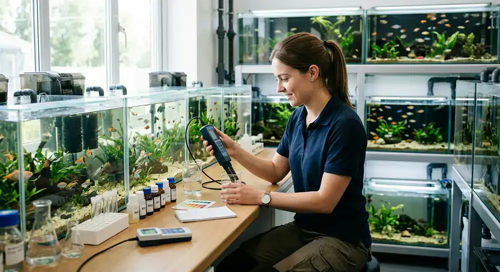 Technician testing water quality in fish tanks