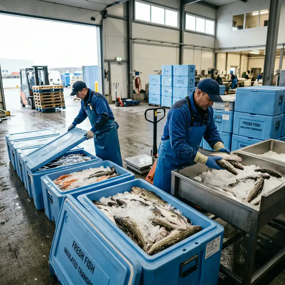 Workers loading insulated transport containers with fresh fish