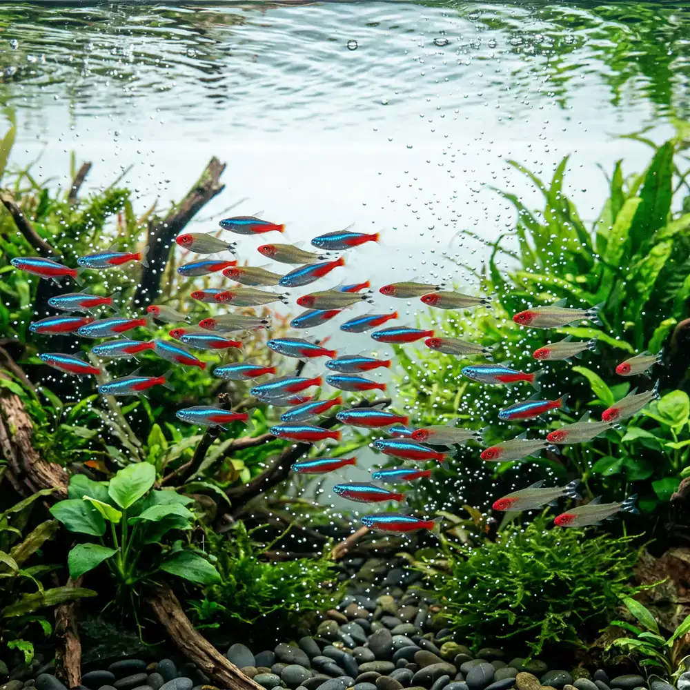 Healthy fish schooling in clear, aerated water