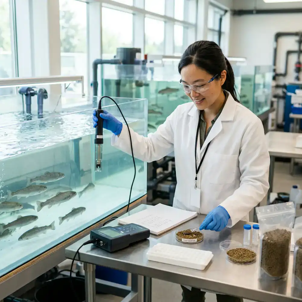 Scientist testing water quality and fish feed