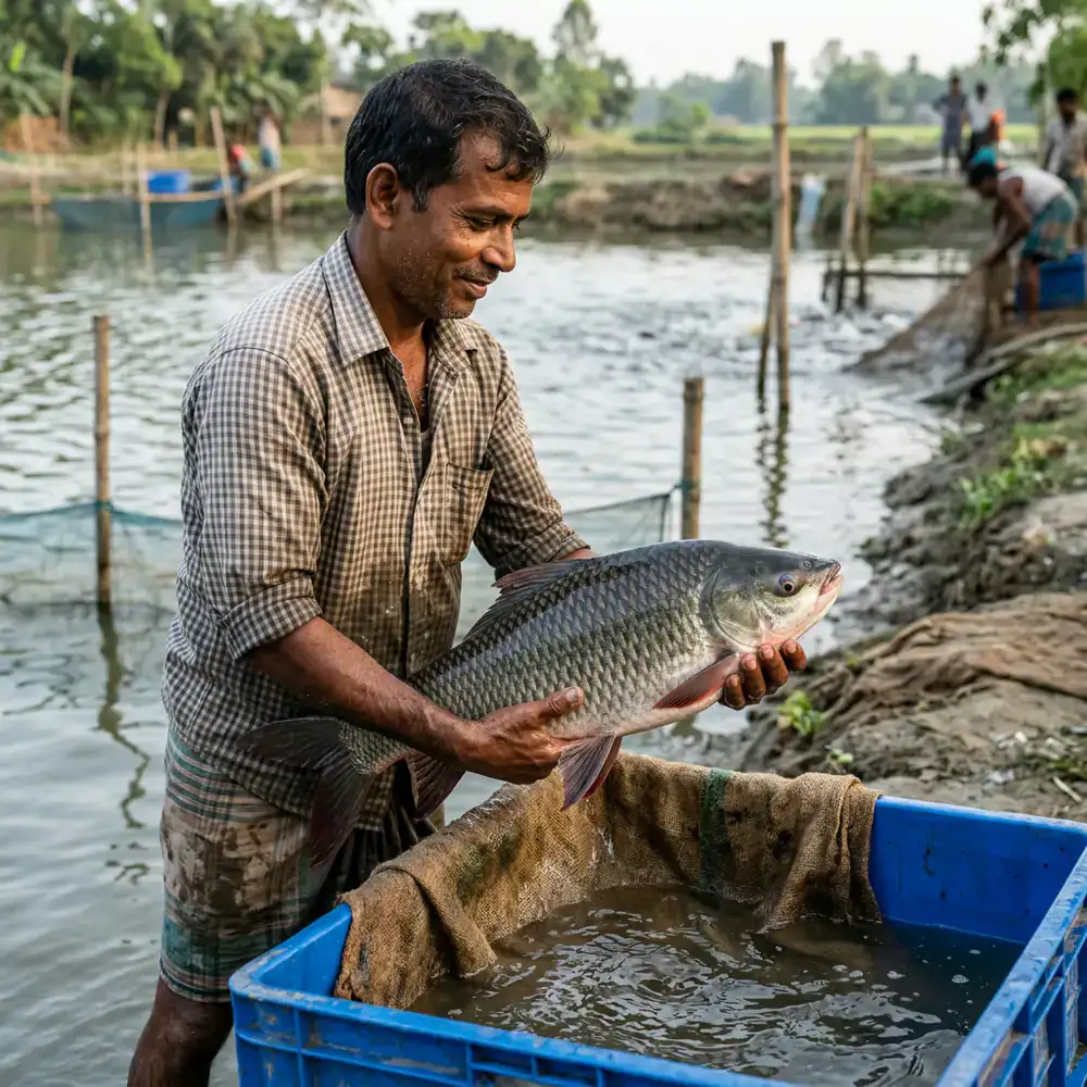 Large Rohu fish inspected by farmer