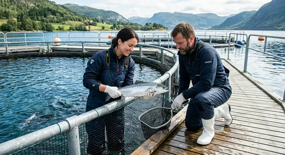 Farmers in clean gear gently inspecting healthy fish