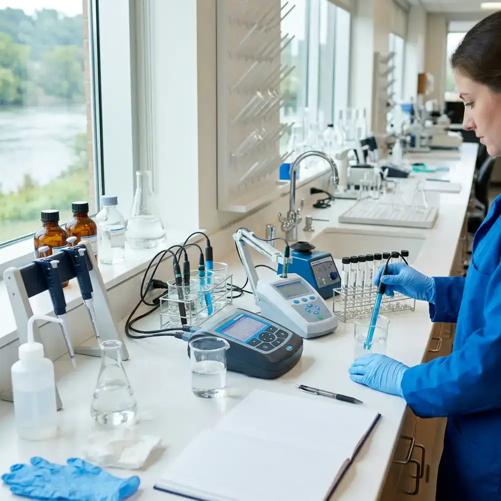 Clean water testing station with scientific instruments