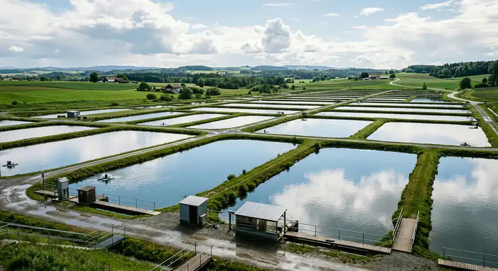 Expansive outdoor fish farming pools reflecting the sky