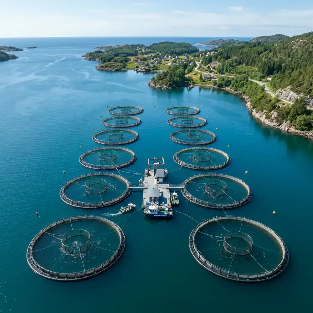 Aerial view of modern circular fish farming tanks