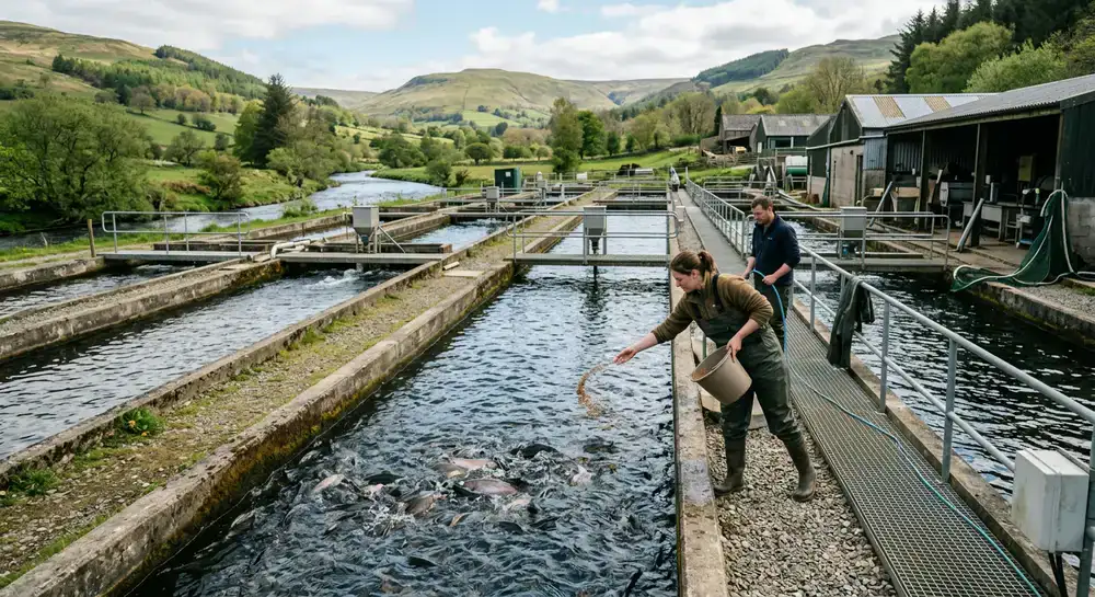 Documentary view of fish farm operations and fresh water tanks