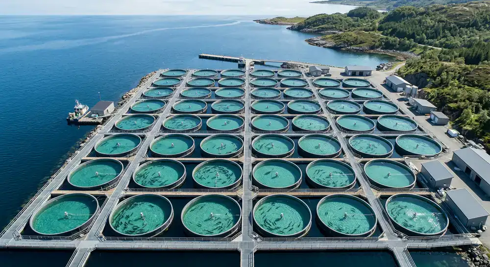 Aerial view of clean aquaculture fish tanks
