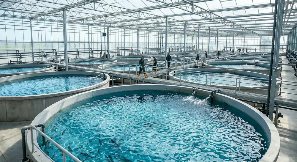 Spacious indoor grow-out pools with clear blue water