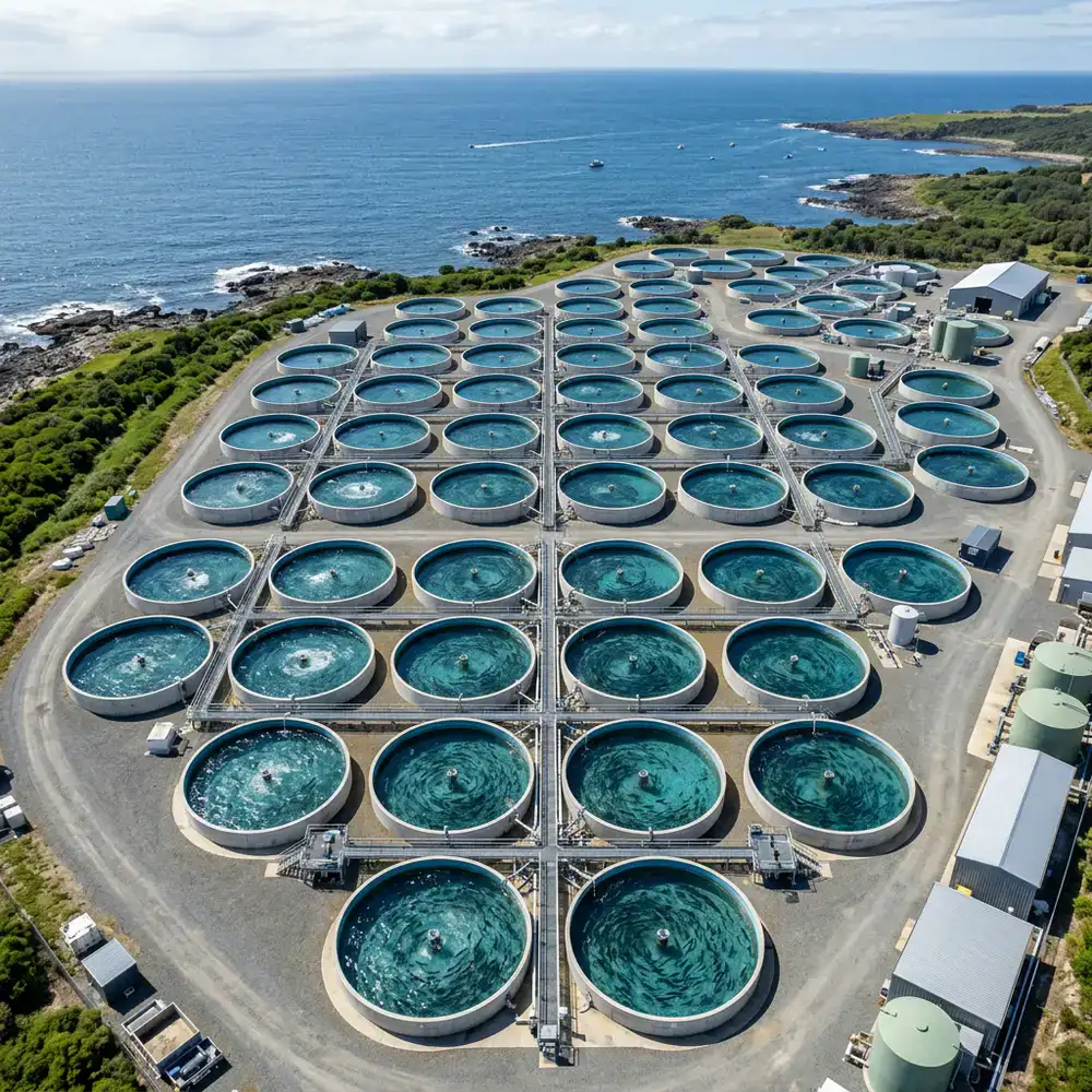 Aerial view of modern, clean circular aquaculture tanks